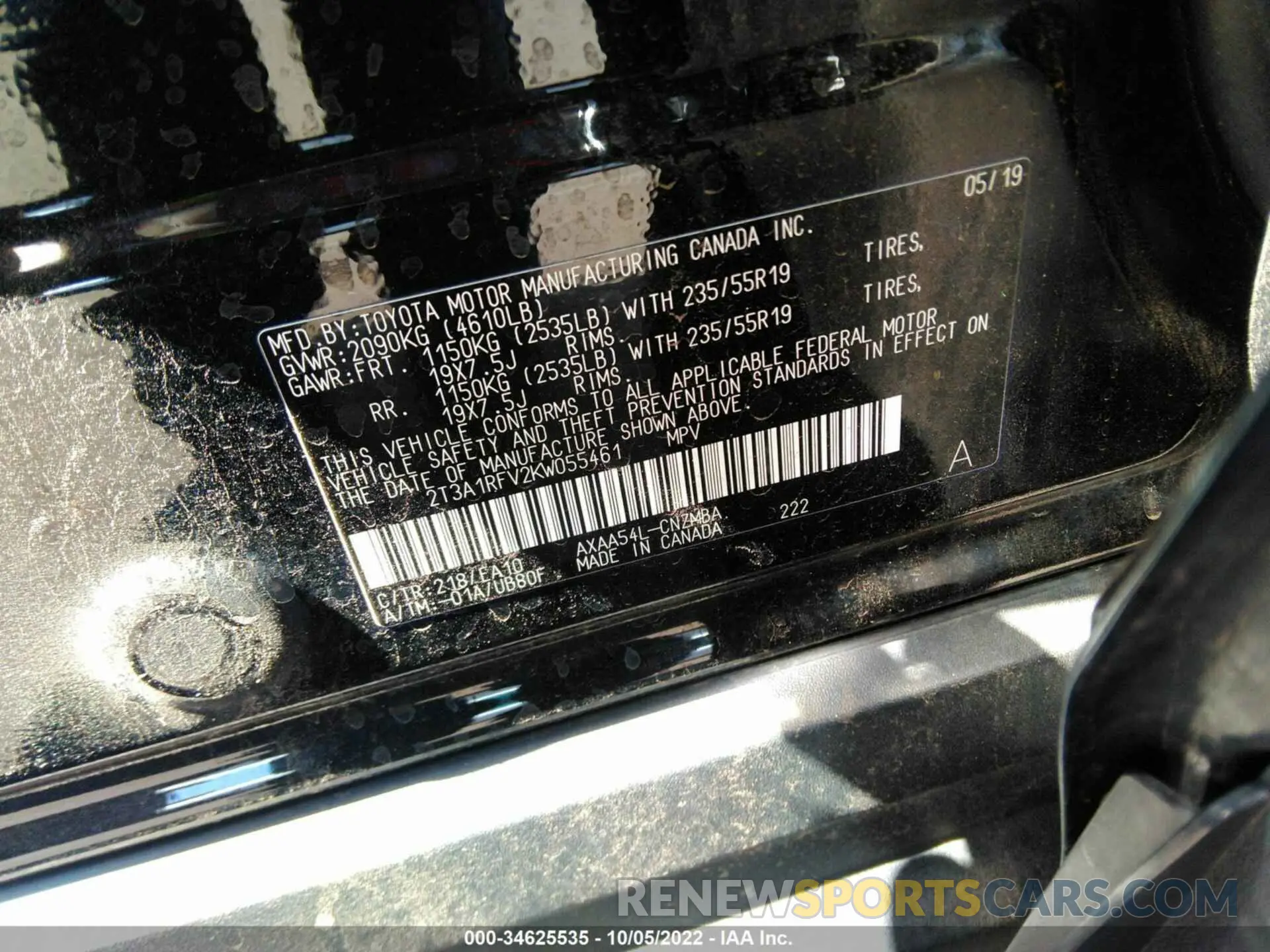 9 Photograph of a damaged car 2T3A1RFV2KW055461 TOYOTA RAV4 2019