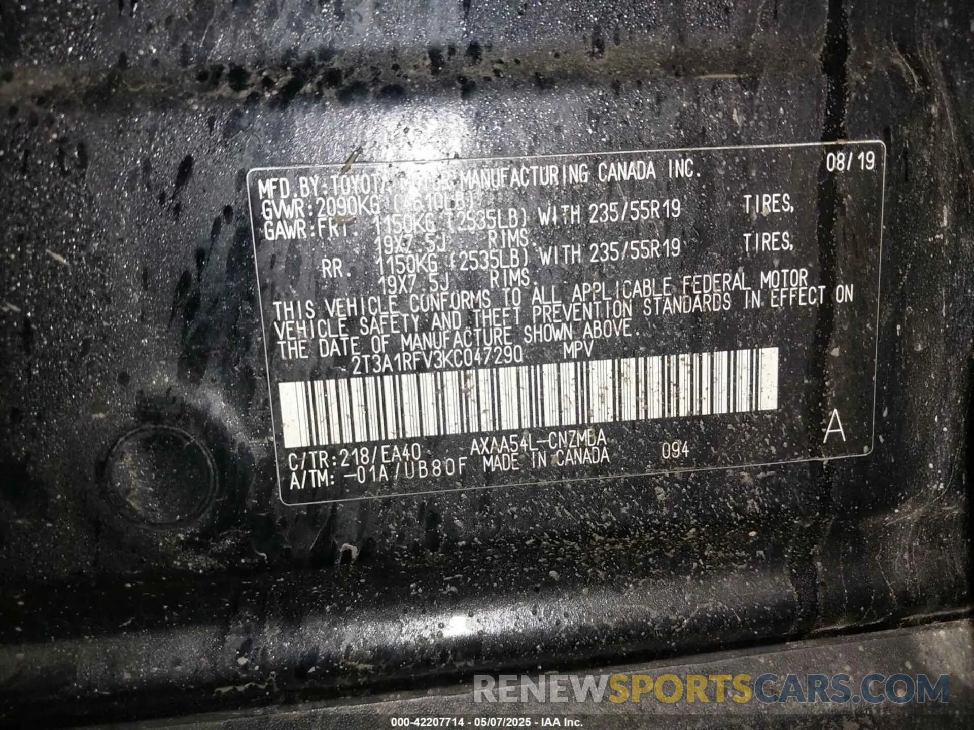 9 Photograph of a damaged car 2T3A1RFV3KC047290 TOYOTA RAV4 2019