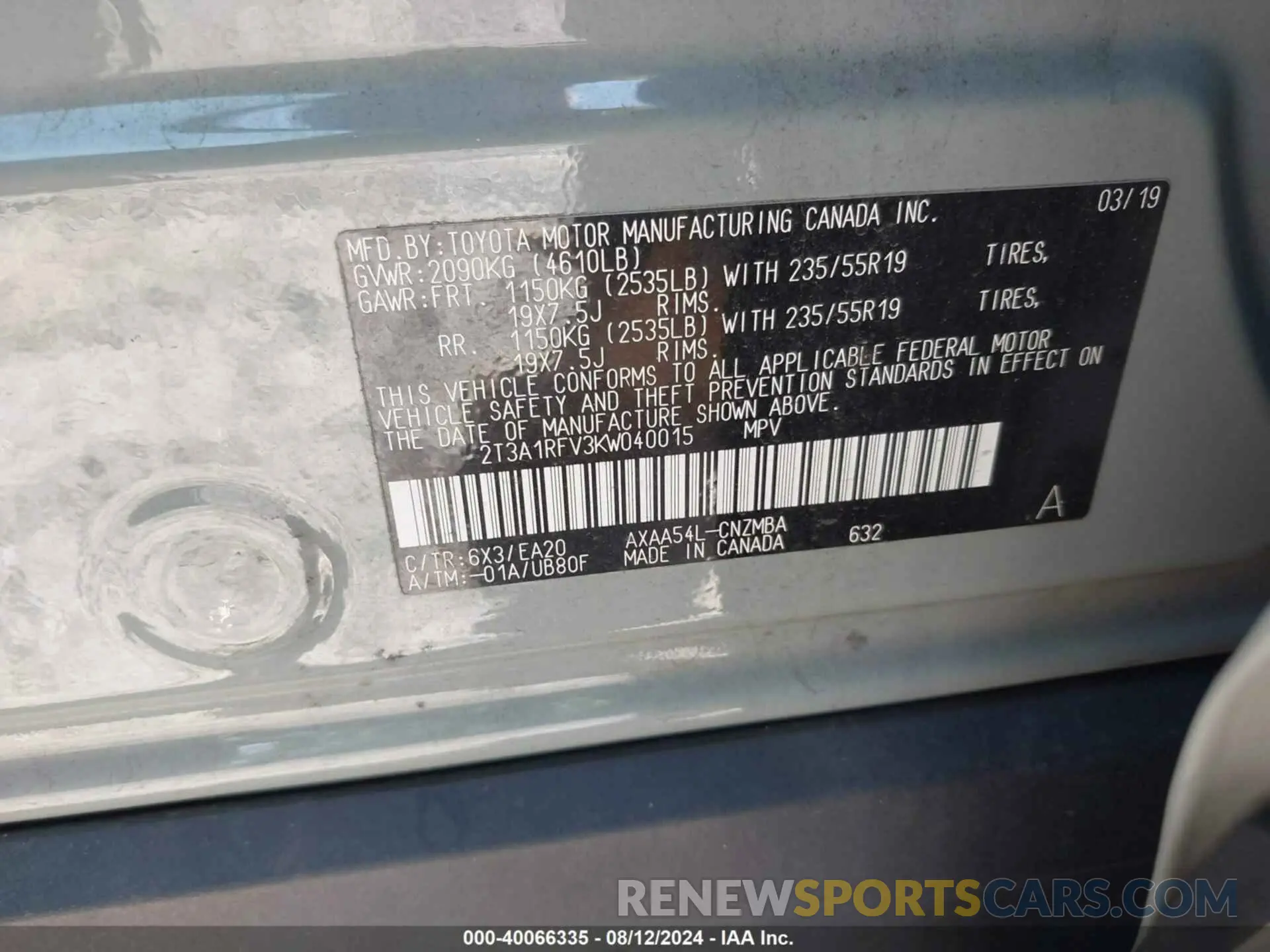 9 Photograph of a damaged car 2T3A1RFV3KW040015 TOYOTA RAV4 2019