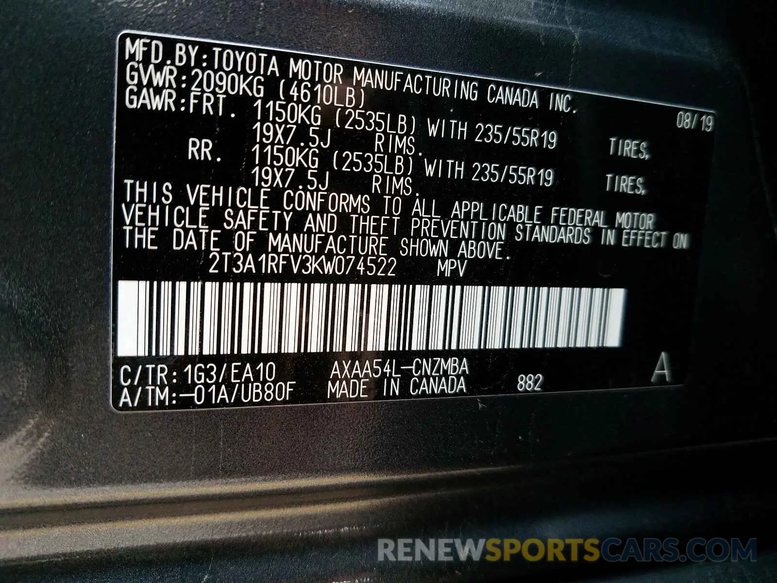 10 Photograph of a damaged car 2T3A1RFV3KW074522 TOYOTA RAV4 2019