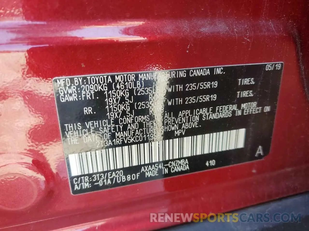 14 Фотография поврежденного автомобиля 2T3A1RFV5KC011956 TOYOTA RAV4 2019