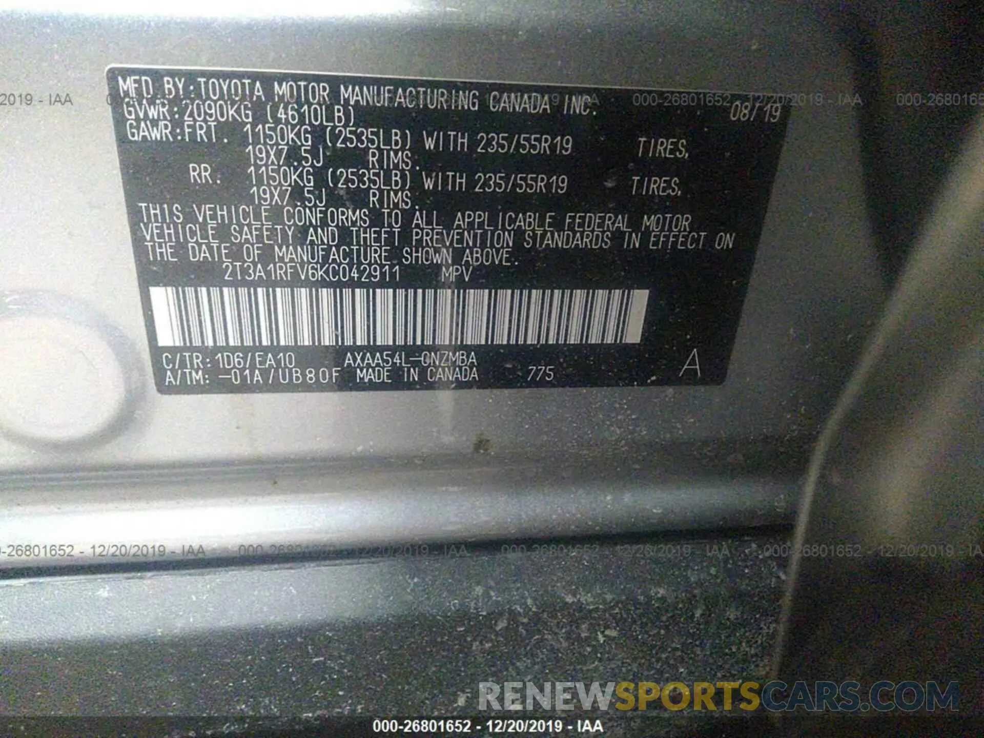 9 Photograph of a damaged car 2T3A1RFV6KC042911 TOYOTA RAV4 2019