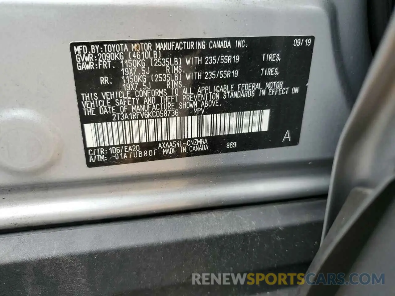 14 Photograph of a damaged car 2T3A1RFV6KC058736 TOYOTA RAV4 2019