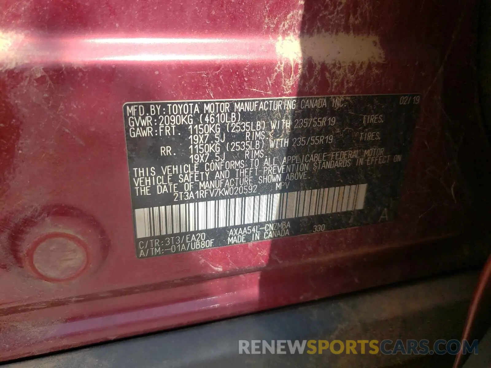 10 Фотография поврежденного автомобиля 2T3A1RFV7KW020592 TOYOTA RAV4 2019
