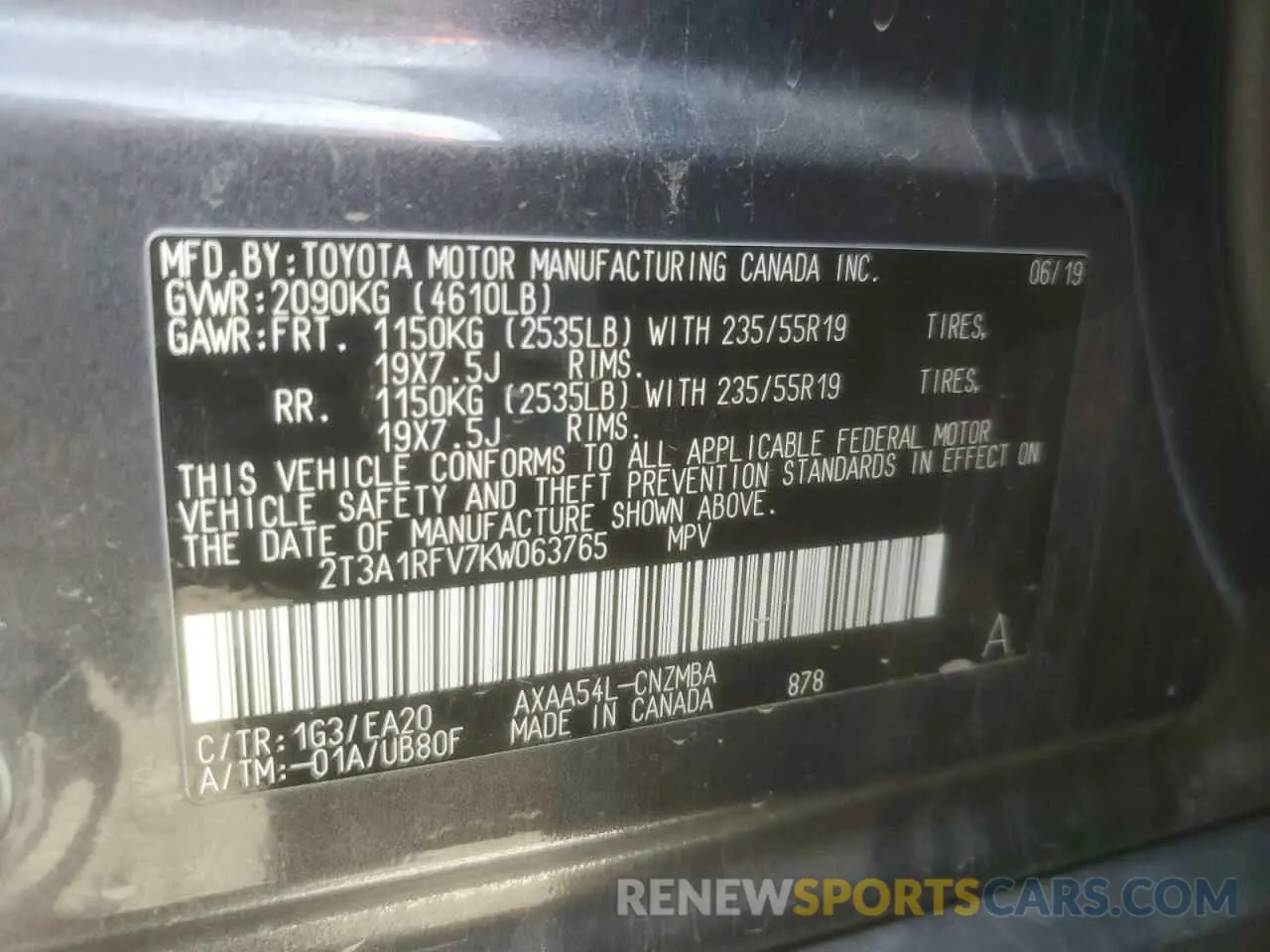 16 Photograph of a damaged car 2T3A1RFV7KW063765 TOYOTA RAV4 2019