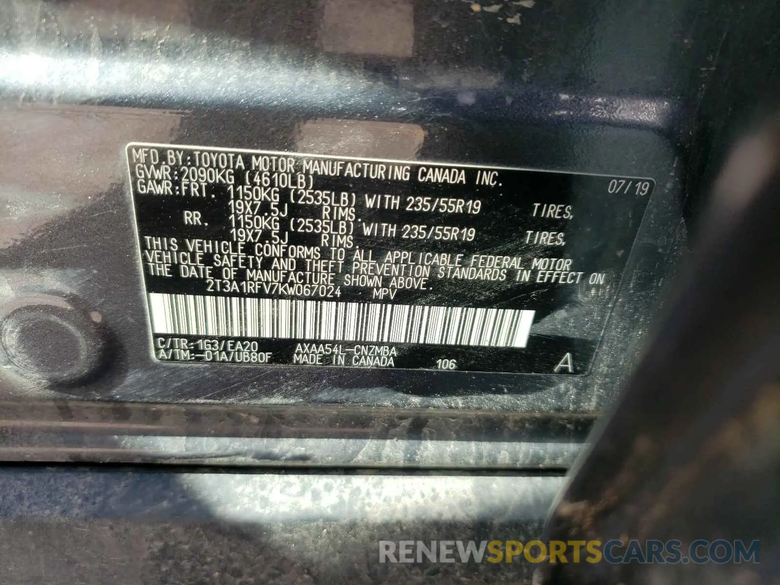 10 Photograph of a damaged car 2T3A1RFV7KW067024 TOYOTA RAV4 2019