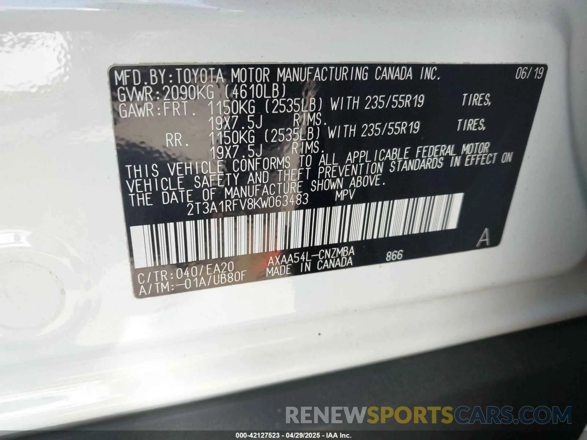 9 Photograph of a damaged car 2T3A1RFV8KW063483 TOYOTA RAV4 2019