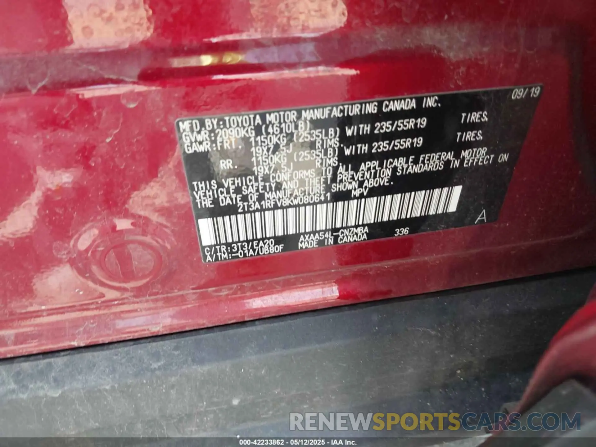 9 Фотография поврежденного автомобиля 2T3A1RFV8KW080641 TOYOTA RAV4 2019