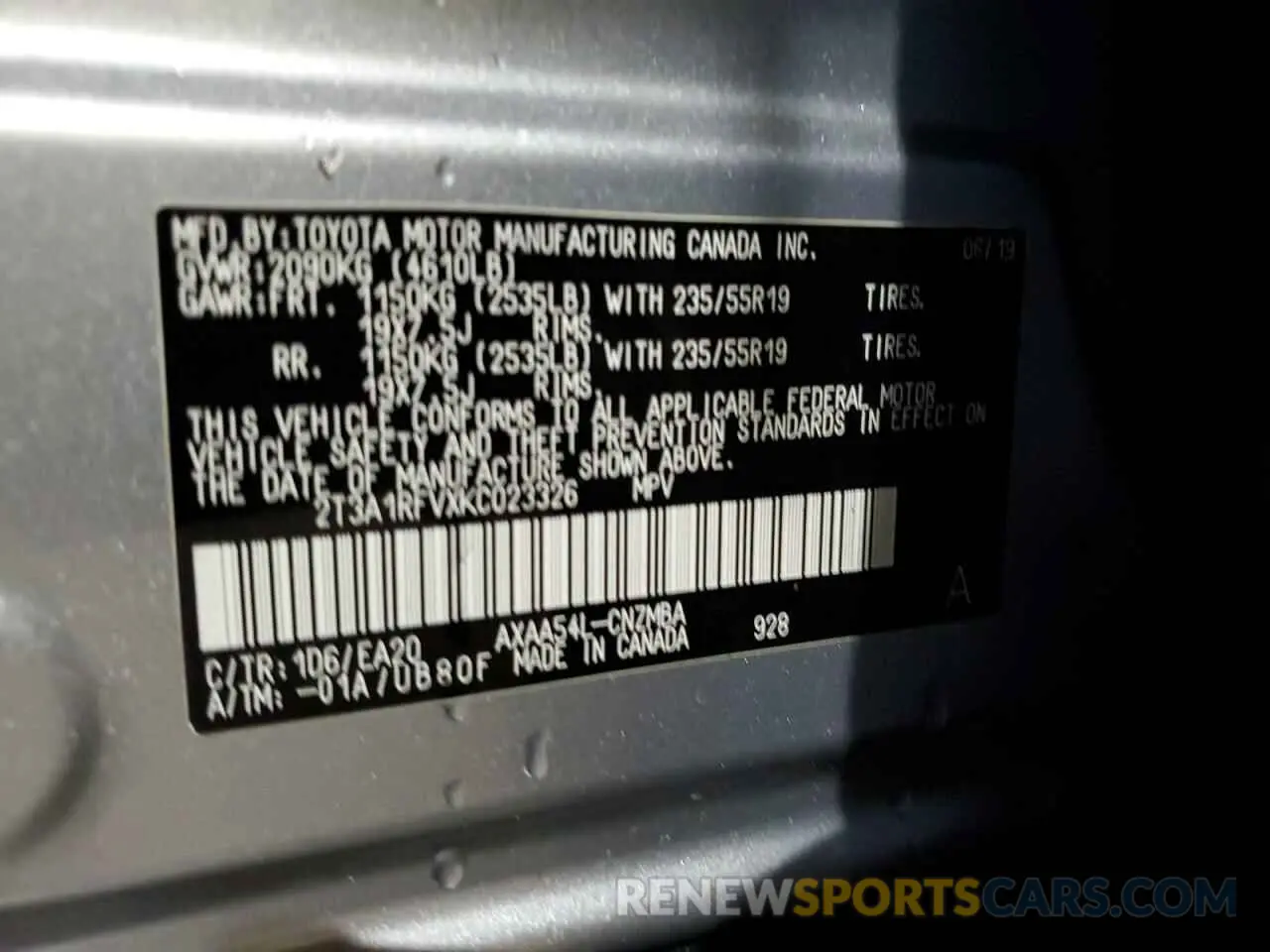 13 Photograph of a damaged car 2T3A1RFVXKC023326 TOYOTA RAV4 2019