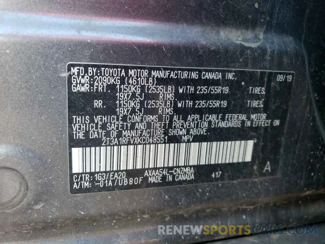 13 Photograph of a damaged car 2T3A1RFVXKC048551 TOYOTA RAV4 2019
