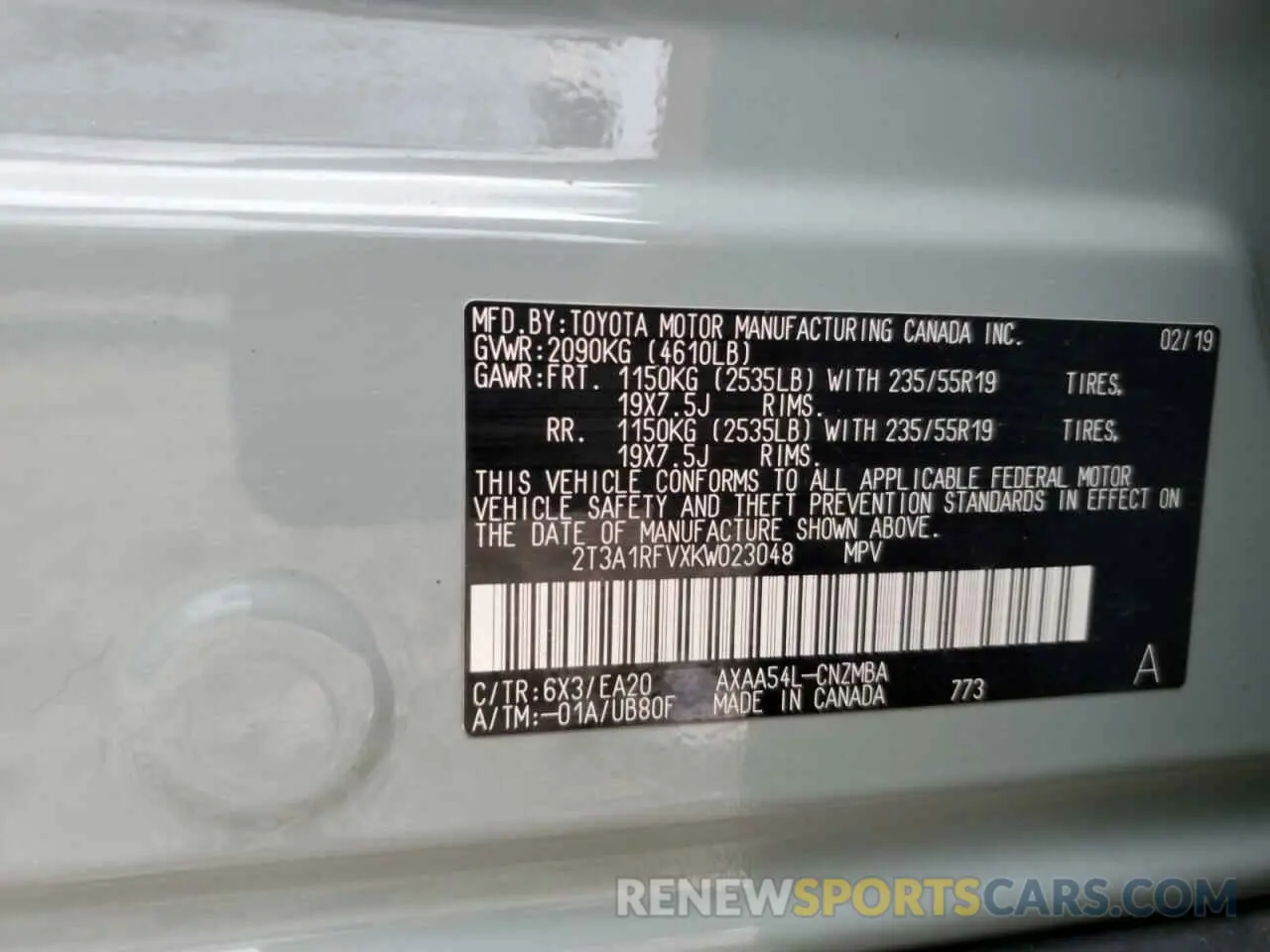 12 Photograph of a damaged car 2T3A1RFVXKW023048 TOYOTA RAV4 2019