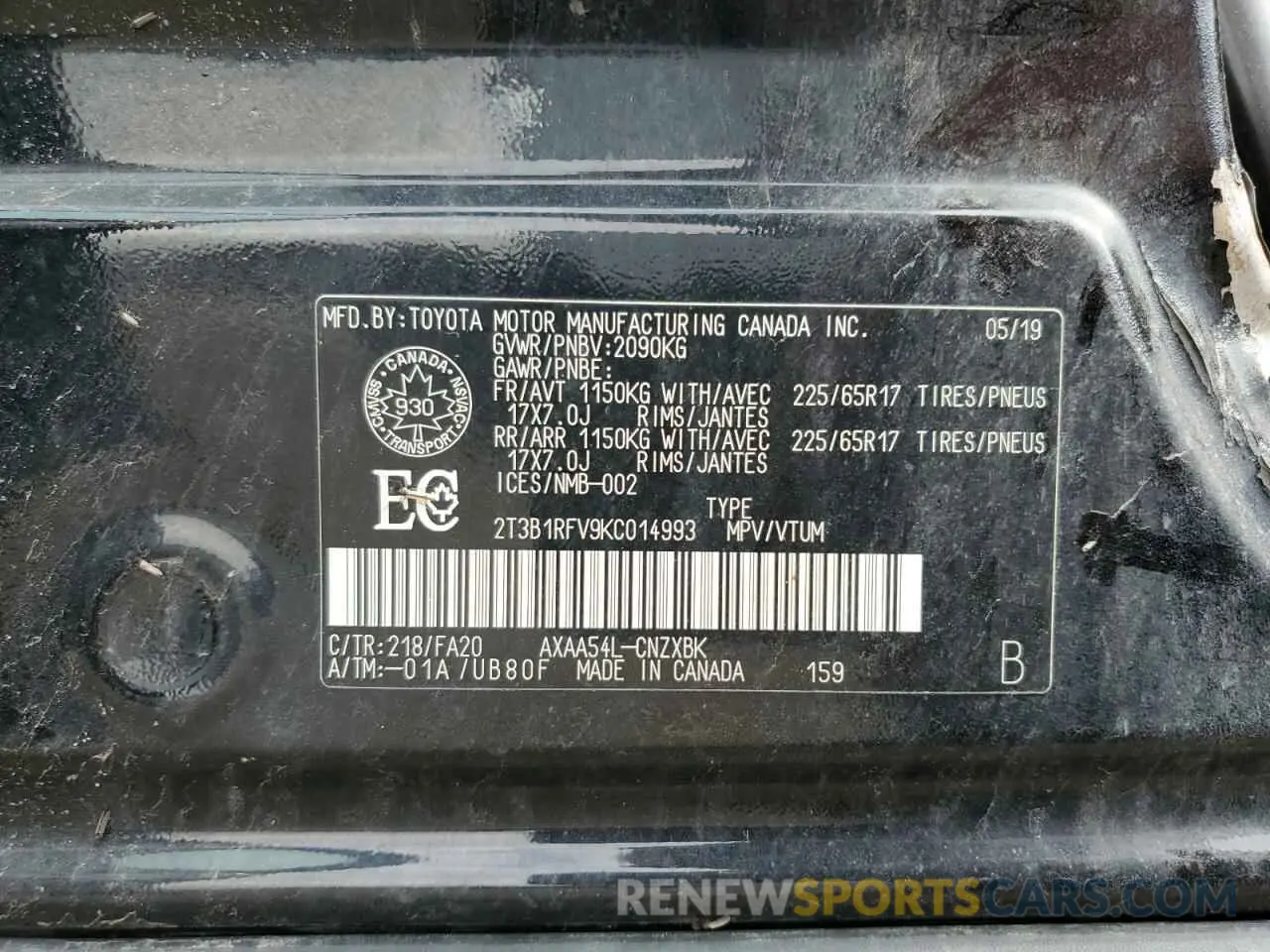 14 Photograph of a damaged car 2T3B1RFV9KC014993 TOYOTA RAV4 2019