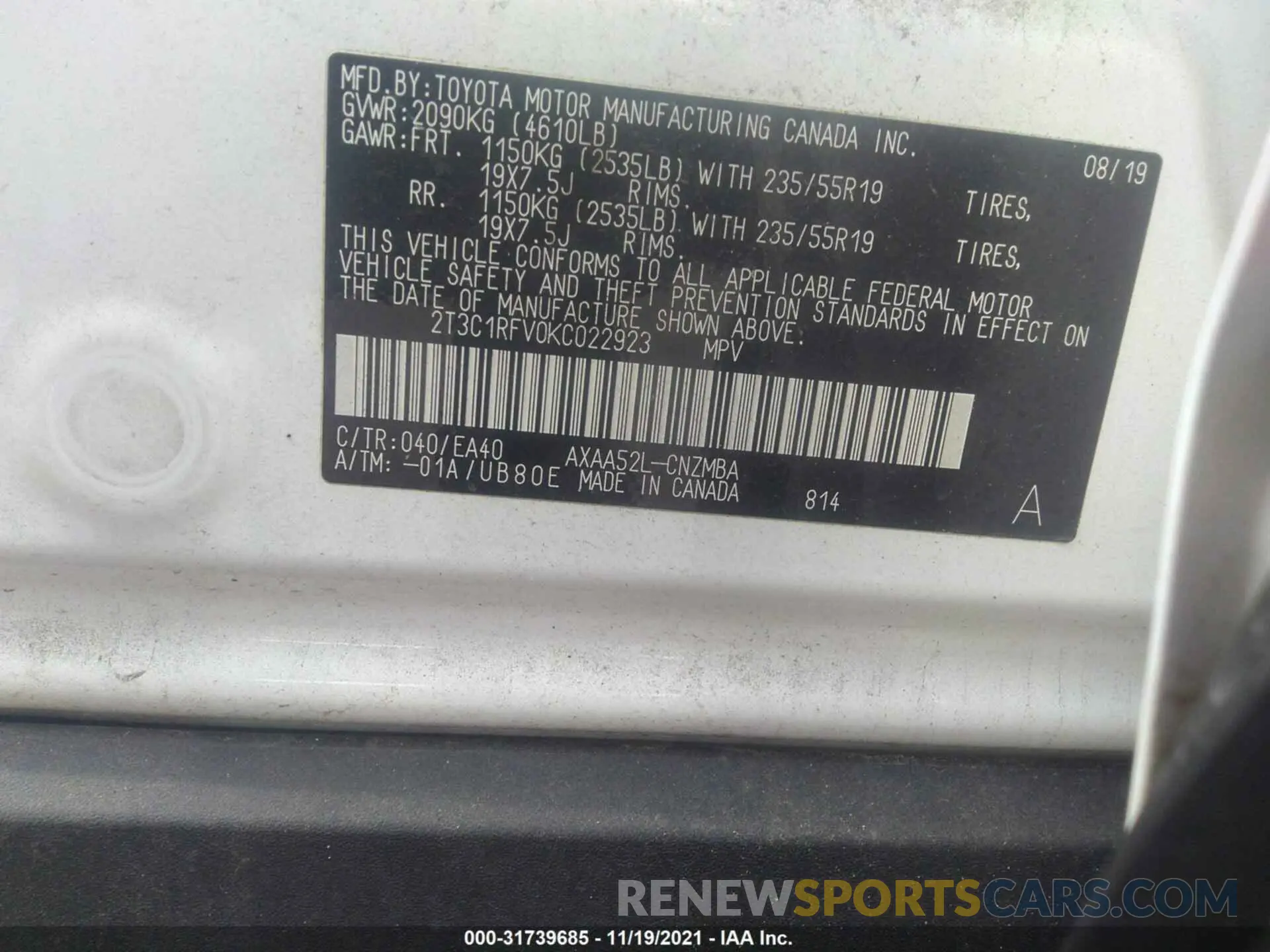 9 Photograph of a damaged car 2T3C1RFV0KC022923 TOYOTA RAV4 2019