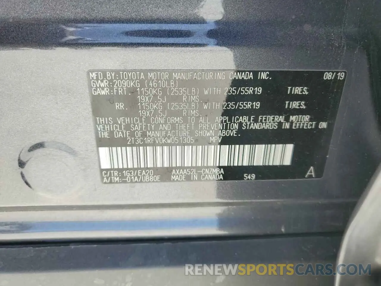 13 Фотография поврежденного автомобиля 2T3C1RFV0KW051305 TOYOTA RAV4 2019