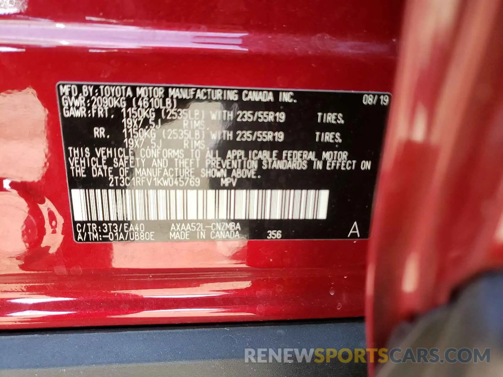 10 Photograph of a damaged car 2T3C1RFV1KW045769 TOYOTA RAV4 2019