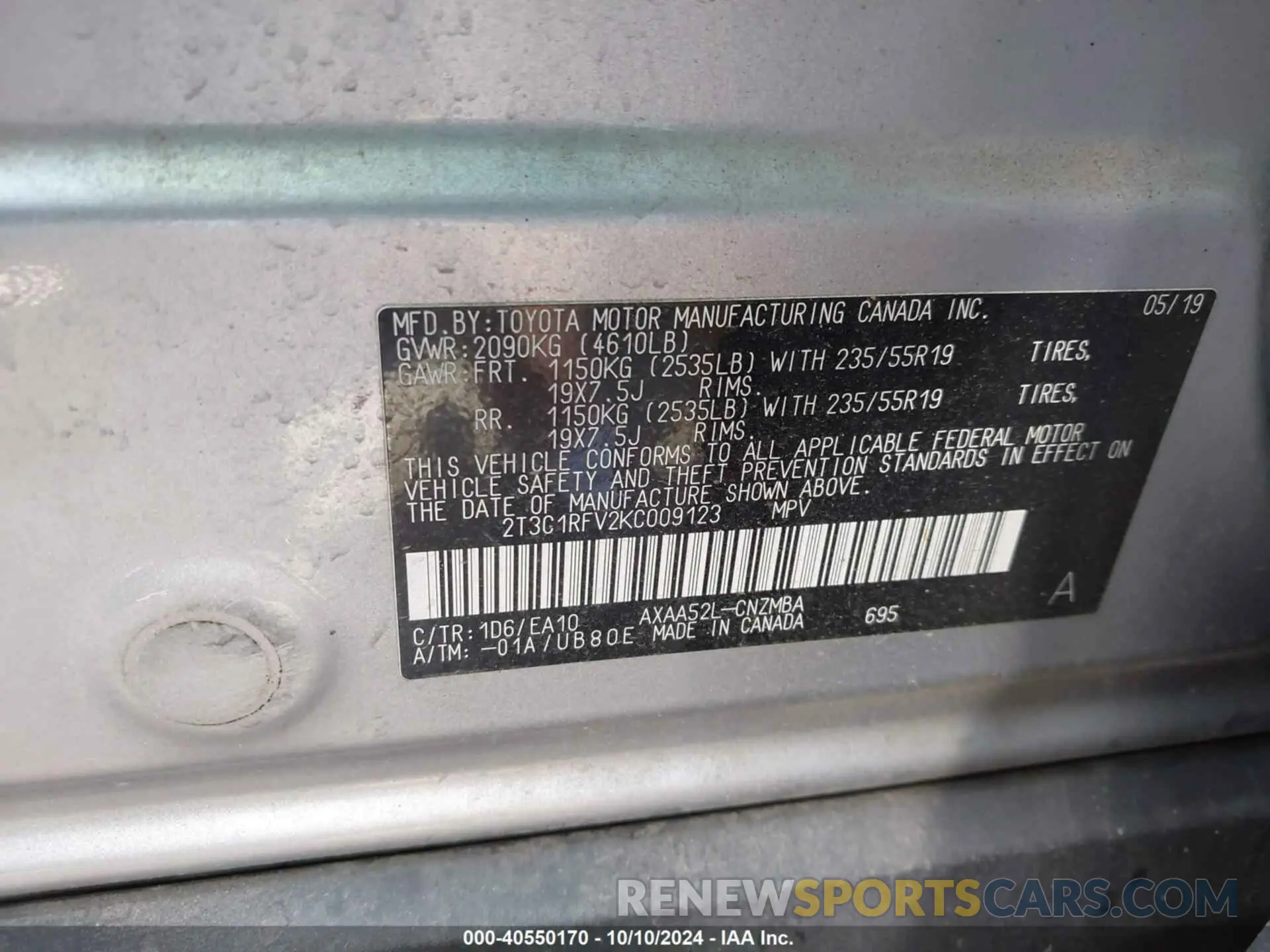 9 Photograph of a damaged car 2T3C1RFV2KC009123 TOYOTA RAV4 2019