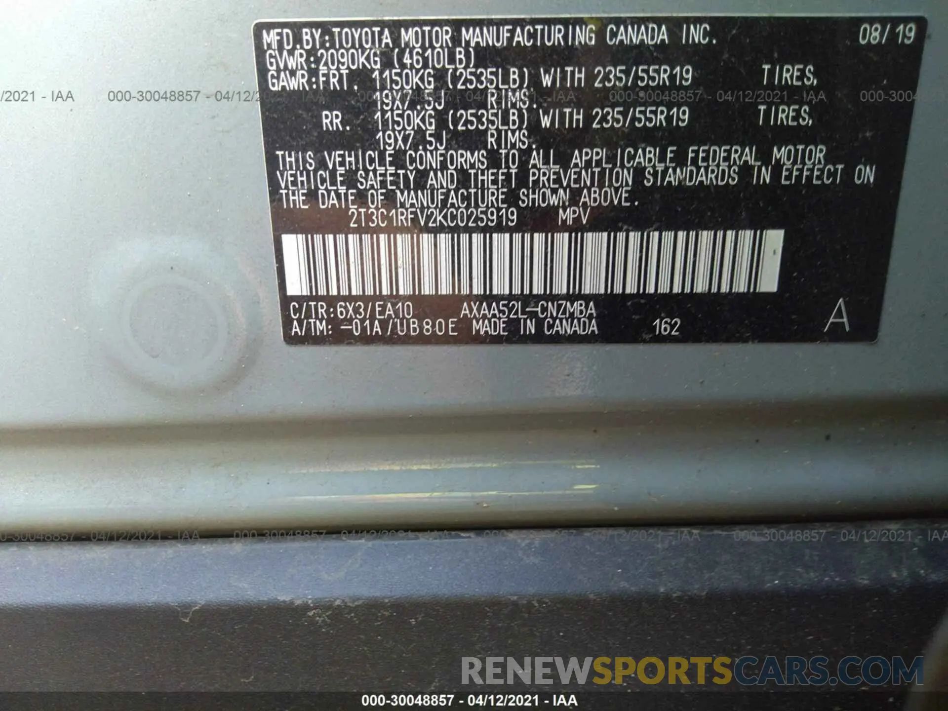 9 Photograph of a damaged car 2T3C1RFV2KC025919 TOYOTA RAV4 2019