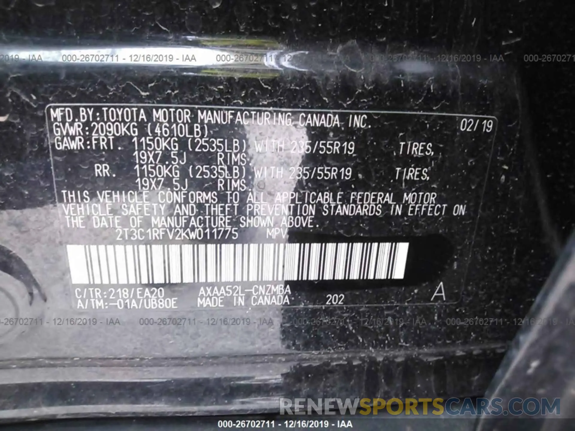 9 Photograph of a damaged car 2T3C1RFV2KW011775 TOYOTA RAV4 2019