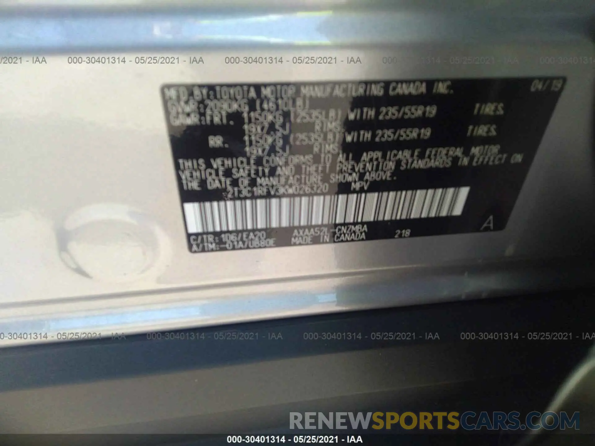 9 Photograph of a damaged car 2T3C1RFV3KW026320 TOYOTA RAV4 2019