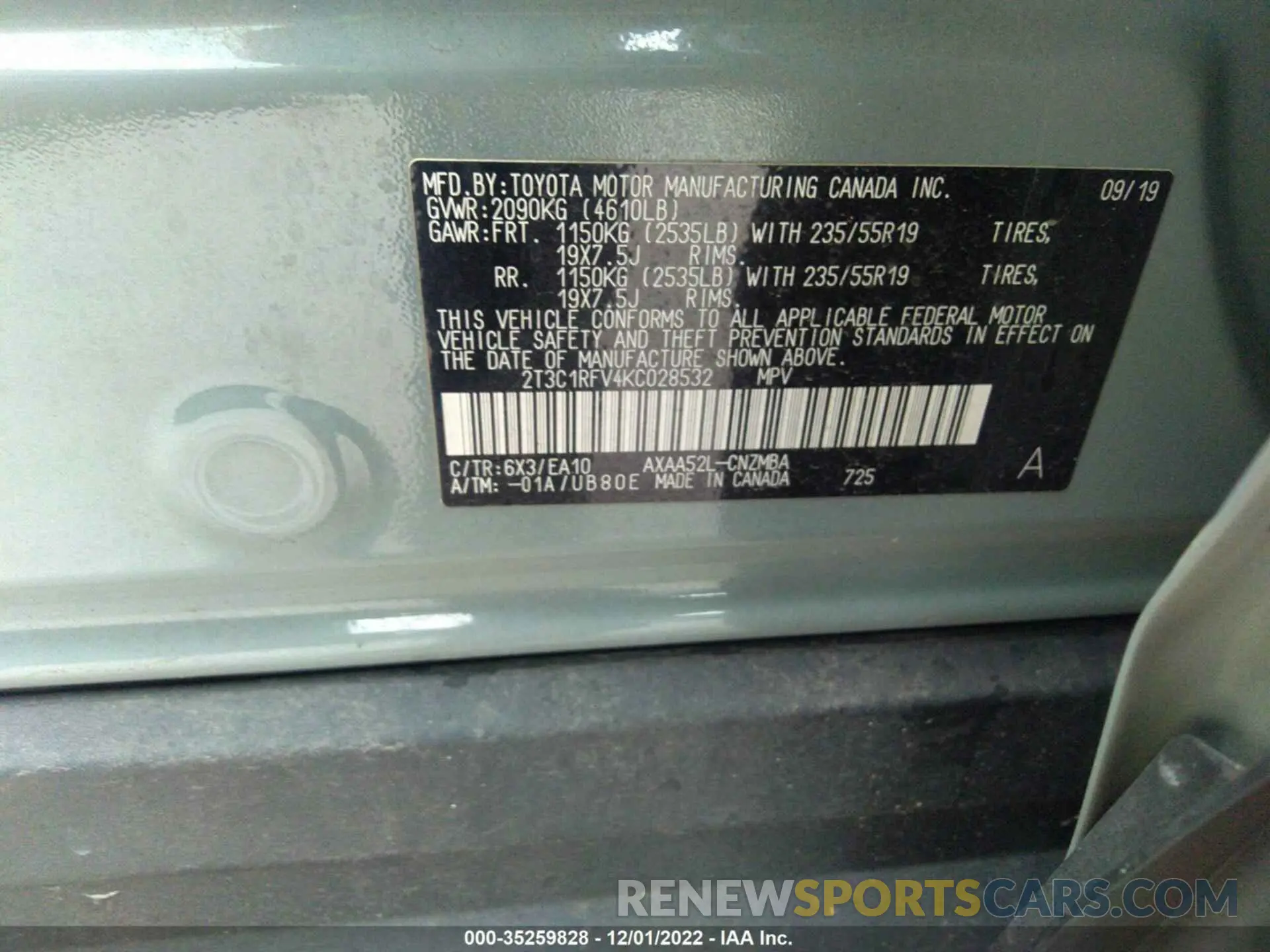 9 Photograph of a damaged car 2T3C1RFV4KC028532 TOYOTA RAV4 2019