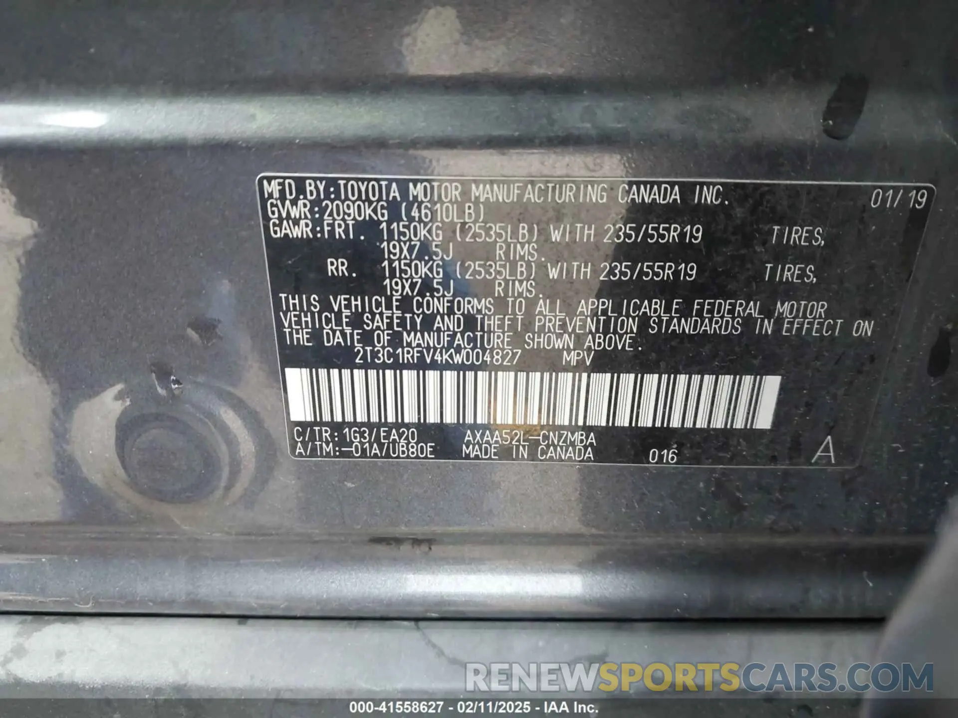 9 Photograph of a damaged car 2T3C1RFV4KW004827 TOYOTA RAV4 2019