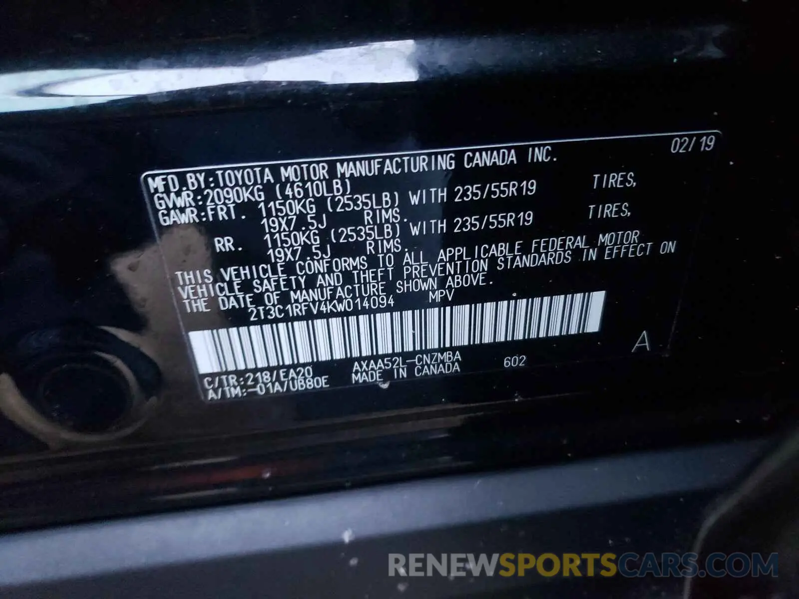 10 Photograph of a damaged car 2T3C1RFV4KW014094 TOYOTA RAV4 2019