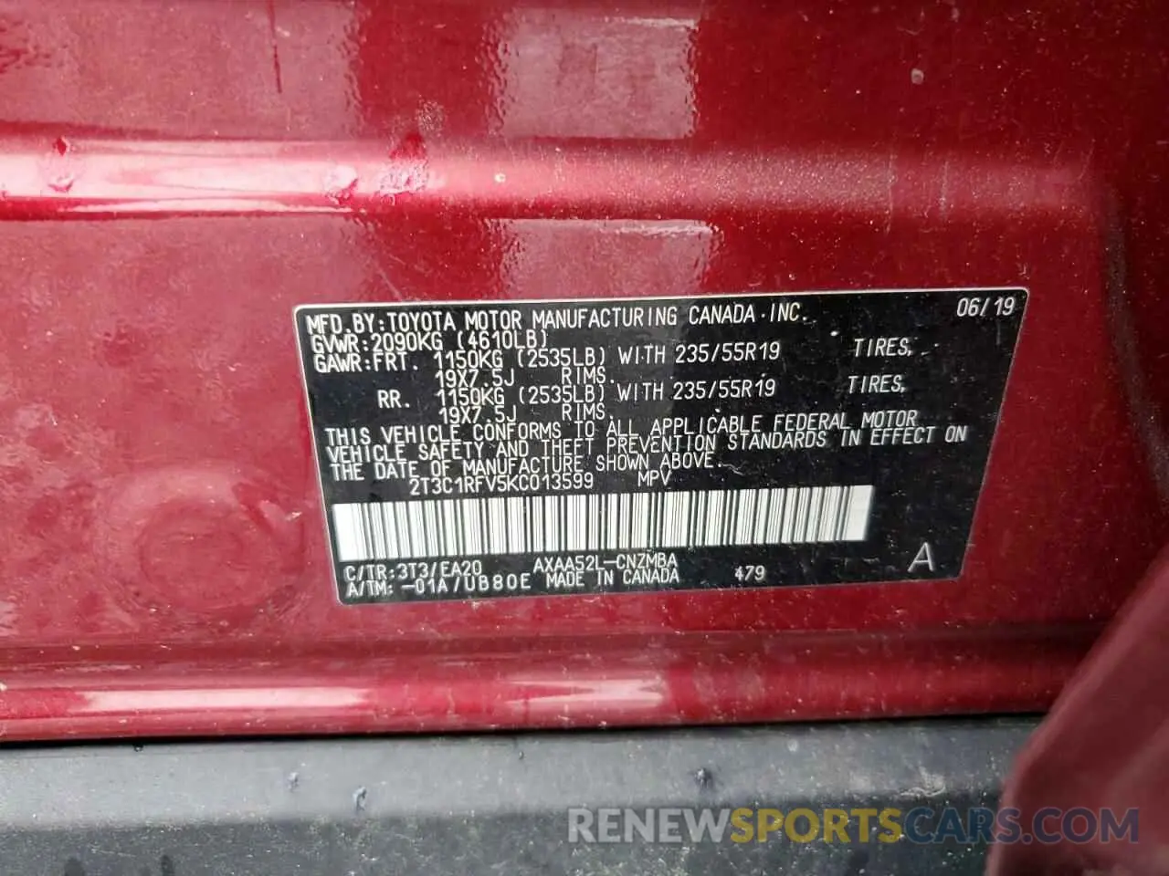 12 Фотография поврежденного автомобиля 2T3C1RFV5KC013599 TOYOTA RAV4 2019