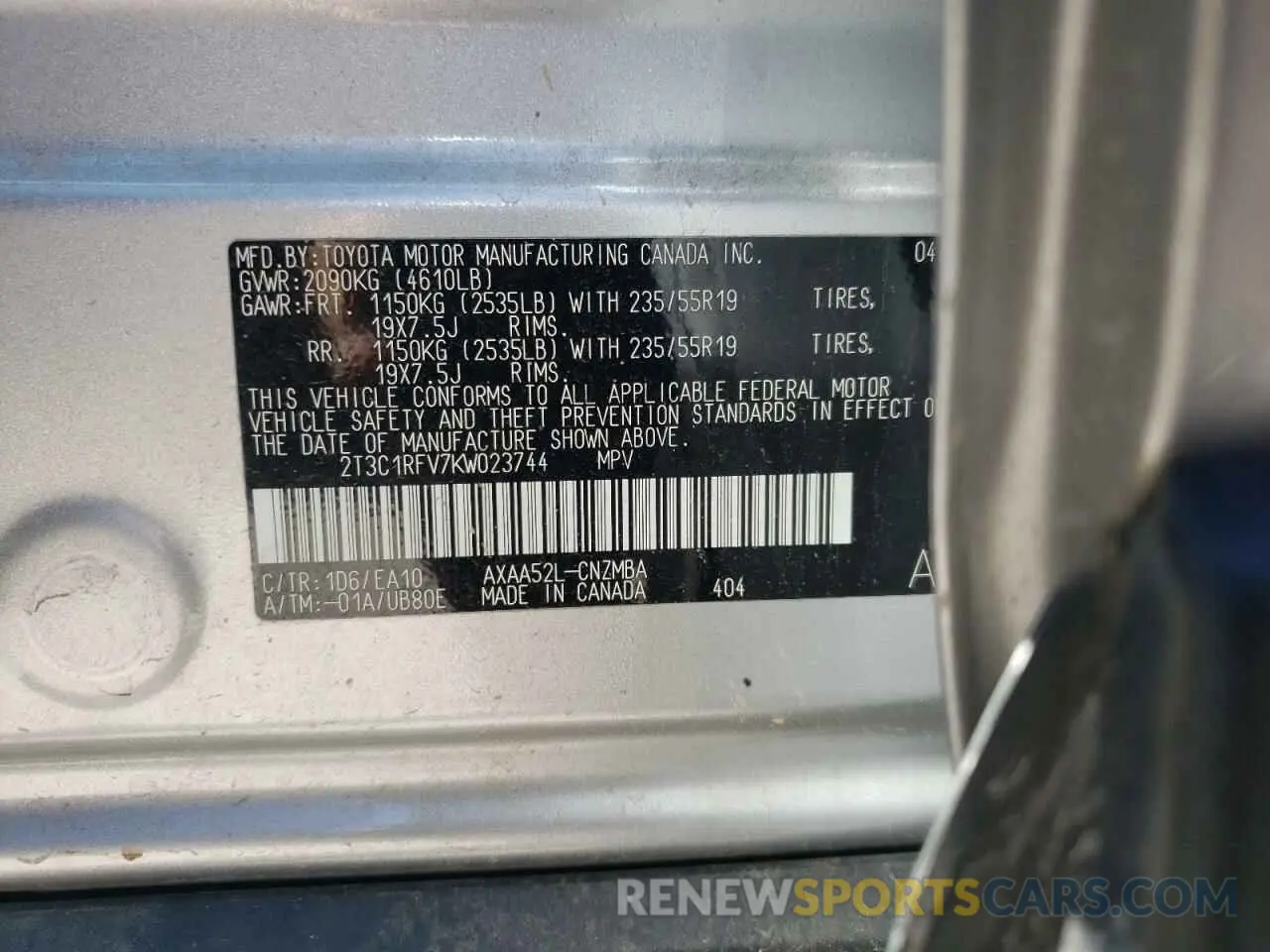 10 Фотография поврежденного автомобиля 2T3C1RFV7KW023744 TOYOTA RAV4 2019