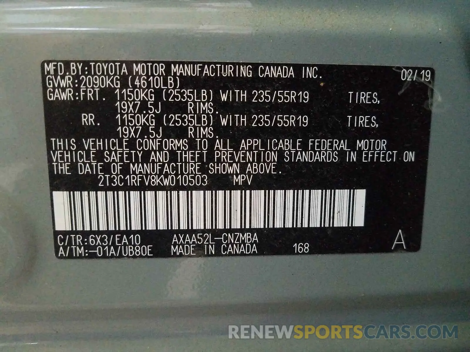 10 Photograph of a damaged car 2T3C1RFV8KW010503 TOYOTA RAV4 2019