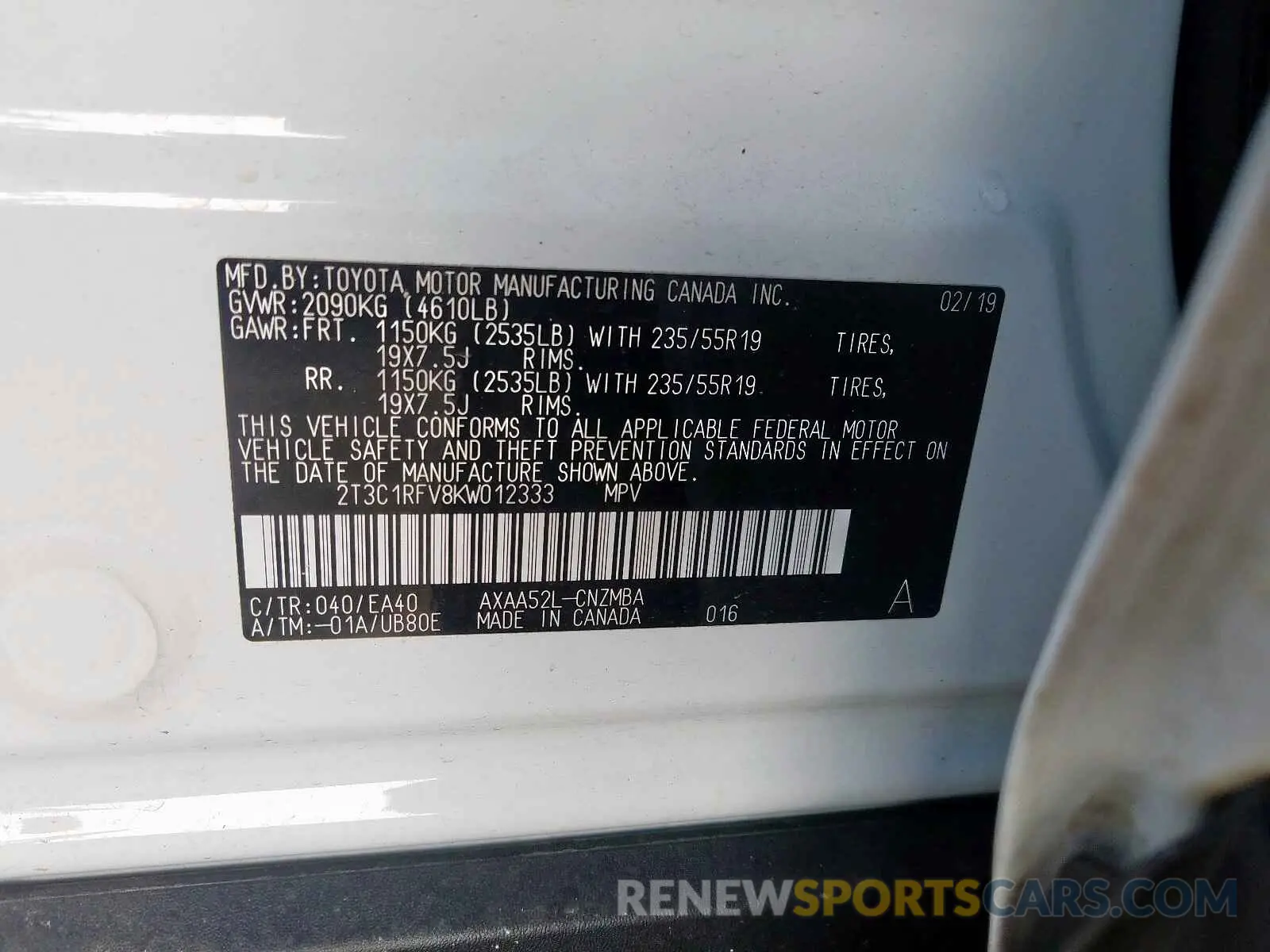 10 Photograph of a damaged car 2T3C1RFV8KW012333 TOYOTA RAV4 2019