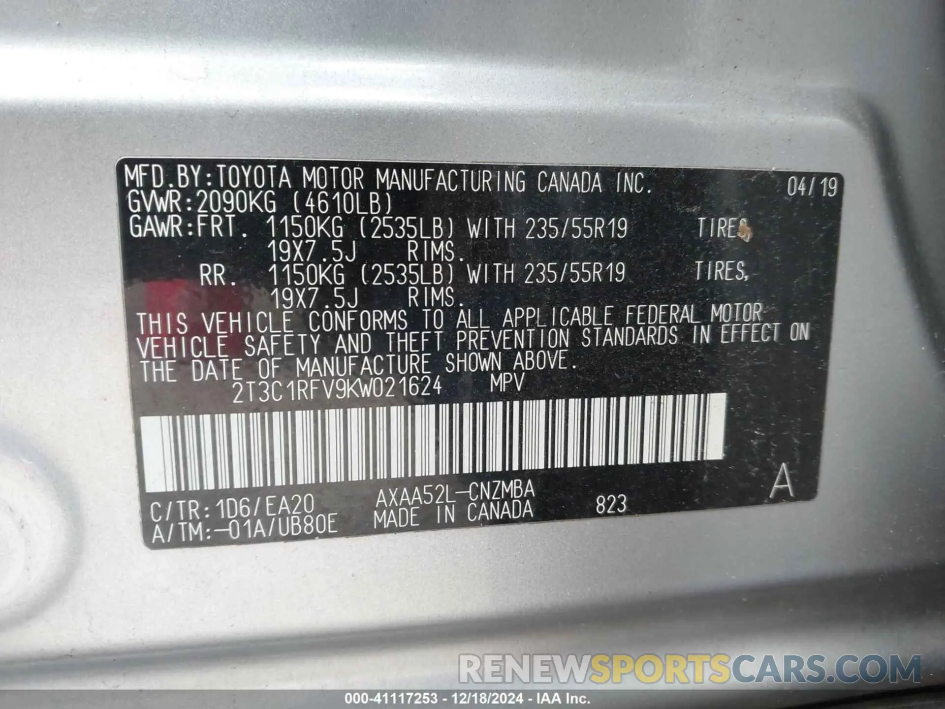 9 Photograph of a damaged car 2T3C1RFV9KW021624 TOYOTA RAV4 2019