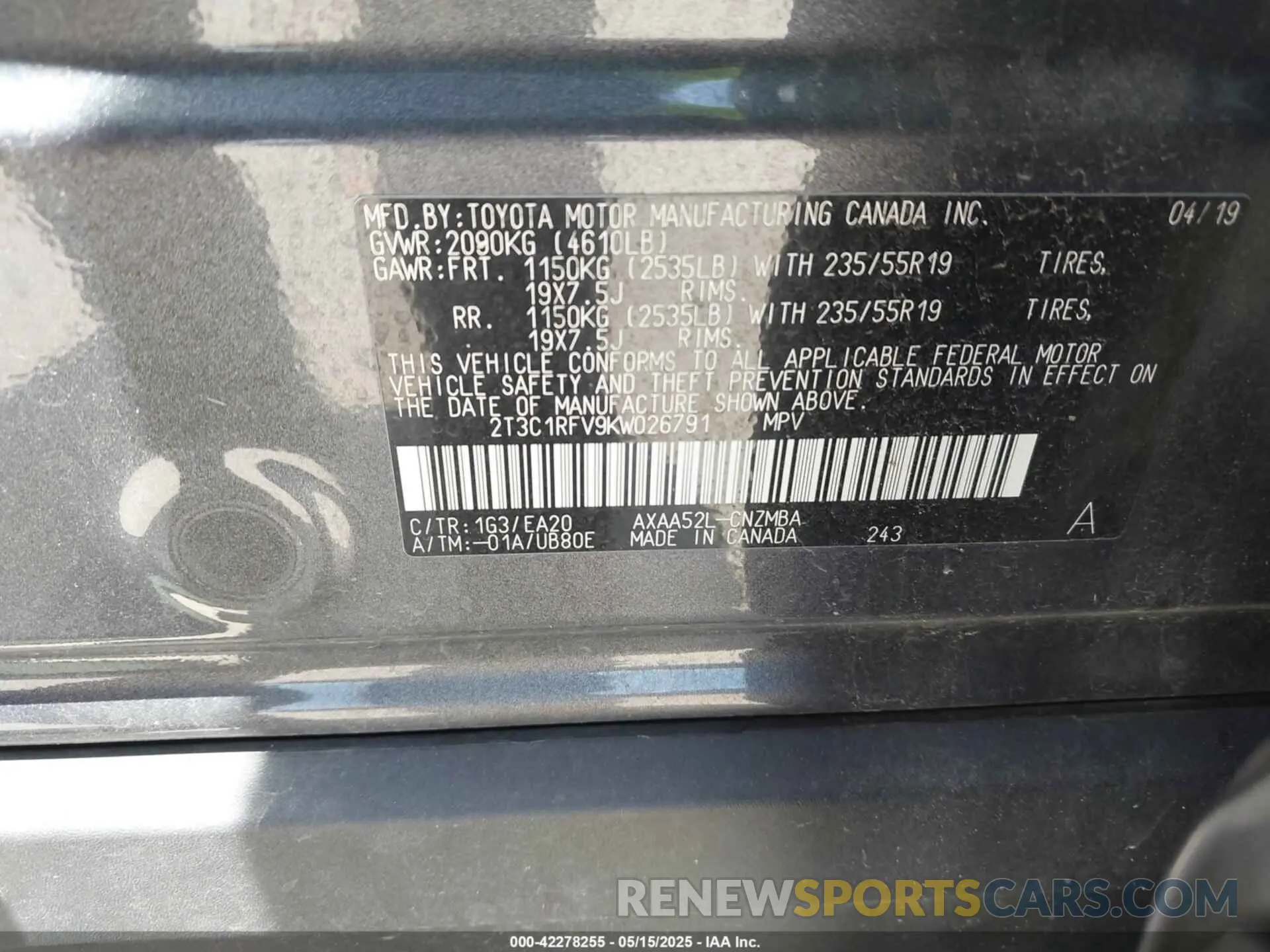 9 Фотография поврежденного автомобиля 2T3C1RFV9KW026791 TOYOTA RAV4 2019