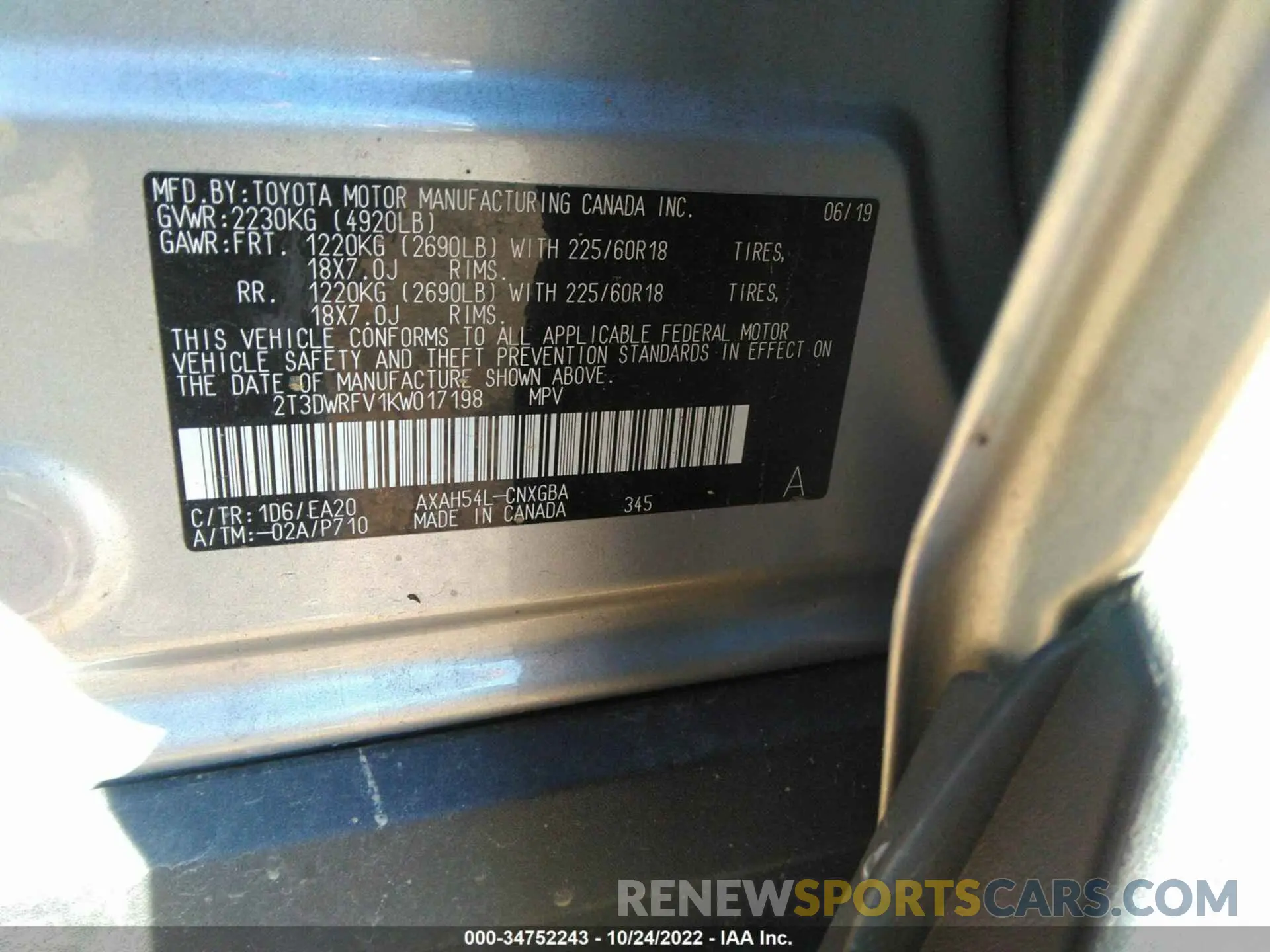 9 Фотография поврежденного автомобиля 2T3DWRFV1KW017198 TOYOTA RAV4 2019