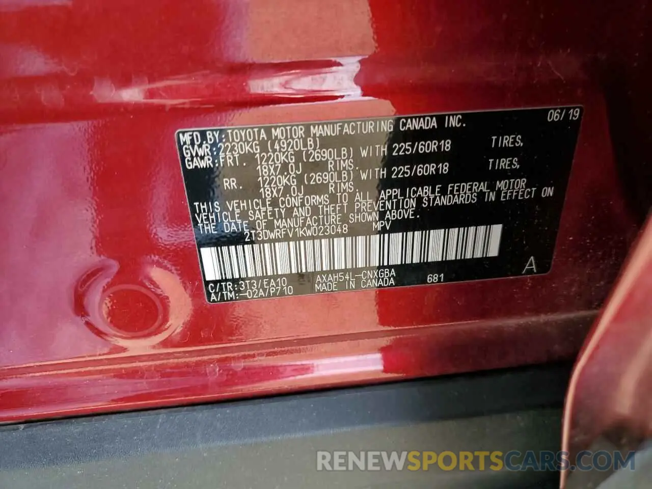 13 Фотография поврежденного автомобиля 2T3DWRFV1KW023048 TOYOTA RAV4 2019