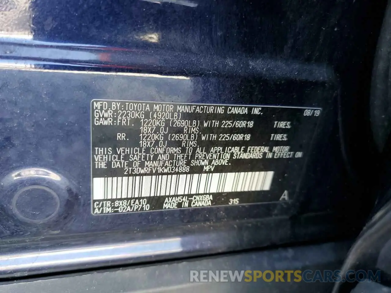 15 Фотография поврежденного автомобиля 2T3DWRFV1KW034888 TOYOTA RAV4 2019