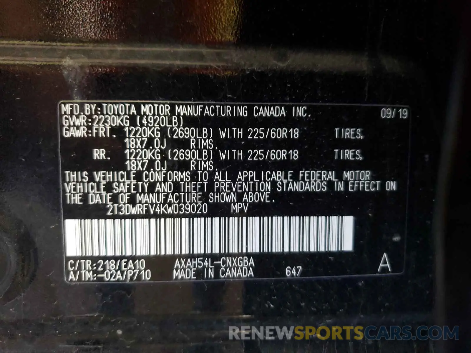10 Photograph of a damaged car 2T3DWRFV4KW039020 TOYOTA RAV4 2019