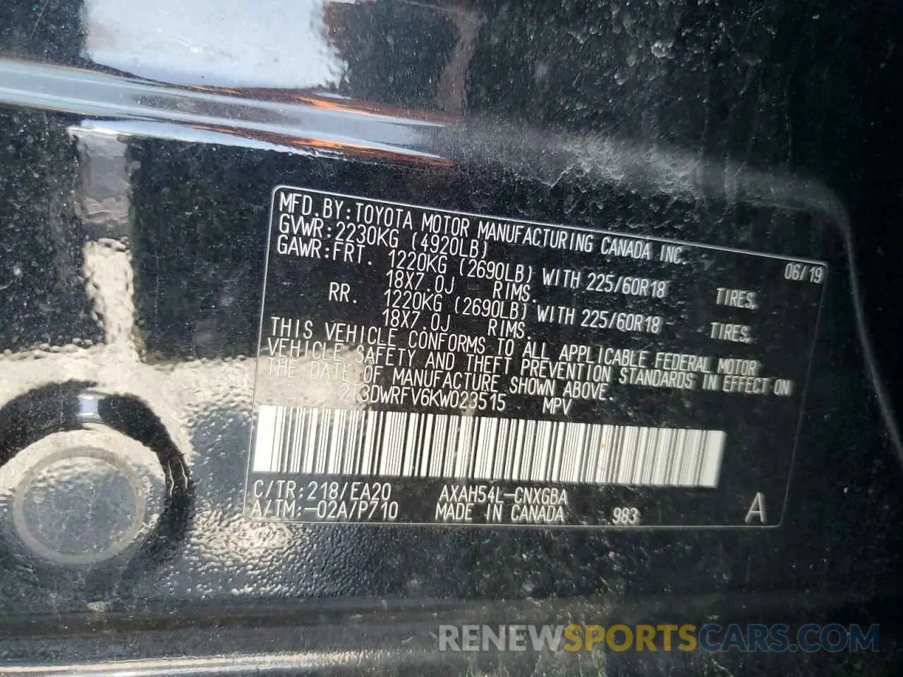 13 Фотография поврежденного автомобиля 2T3DWRFV6KW023515 TOYOTA RAV4 2019