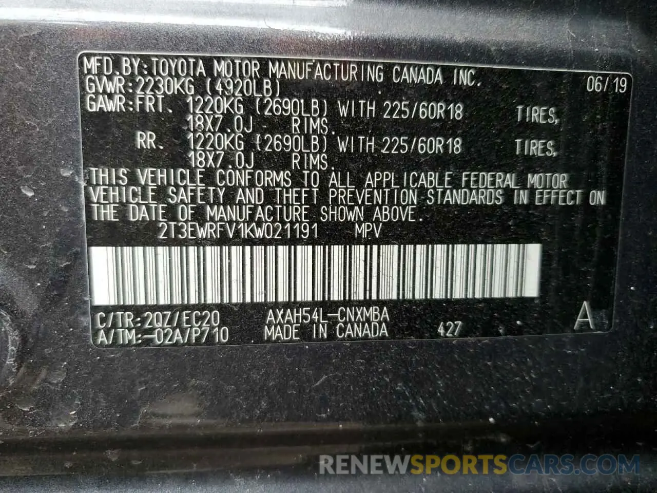 13 Фотография поврежденного автомобиля 2T3EWRFV1KW021191 TOYOTA RAV4 2019