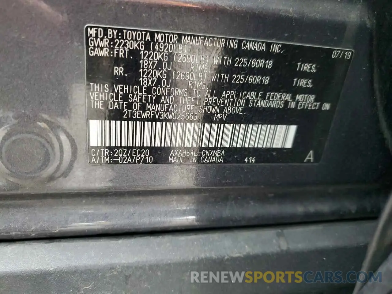 14 Photograph of a damaged car 2T3EWRFV3KW025663 TOYOTA RAV4 2019