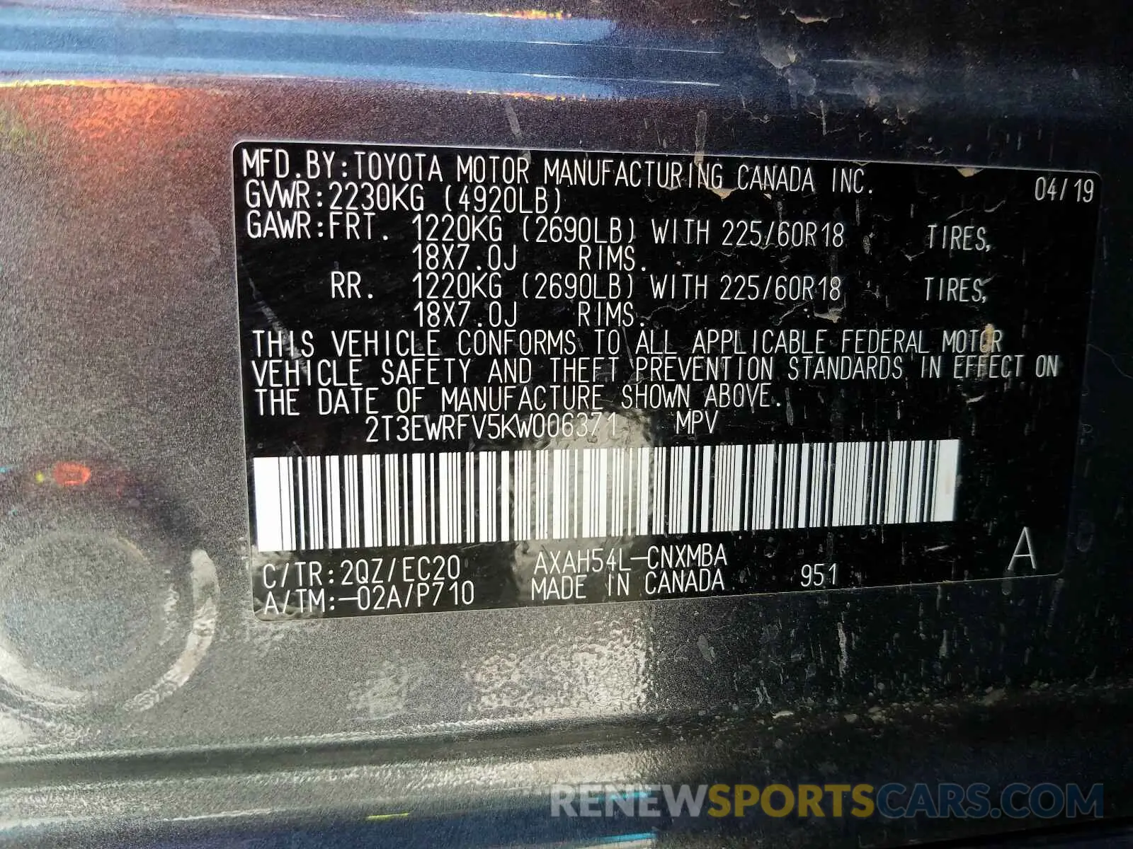 10 Фотография поврежденного автомобиля 2T3EWRFV5KW006371 TOYOTA RAV4 2019