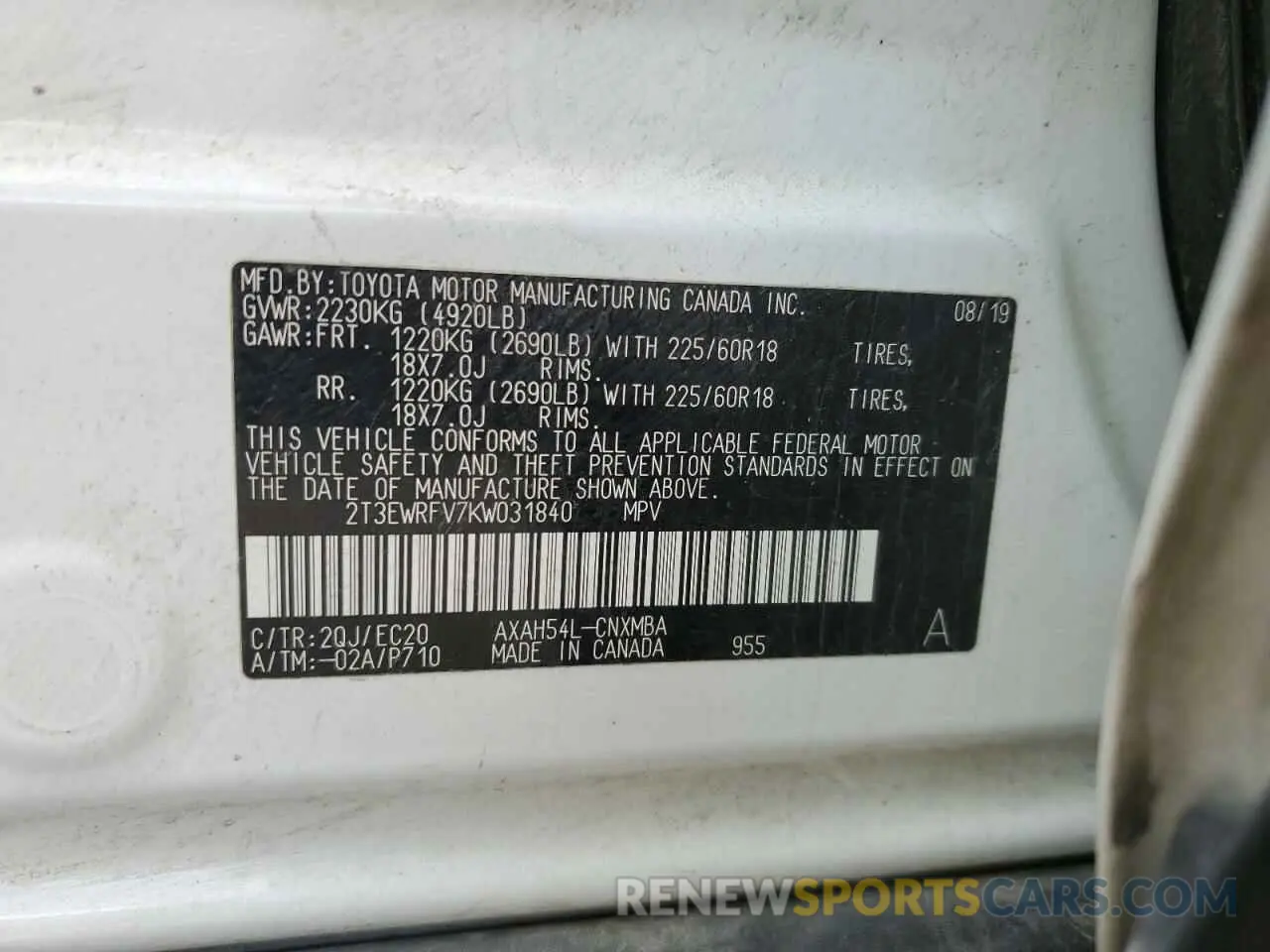 13 Photograph of a damaged car 2T3EWRFV7KW031840 TOYOTA RAV4 2019