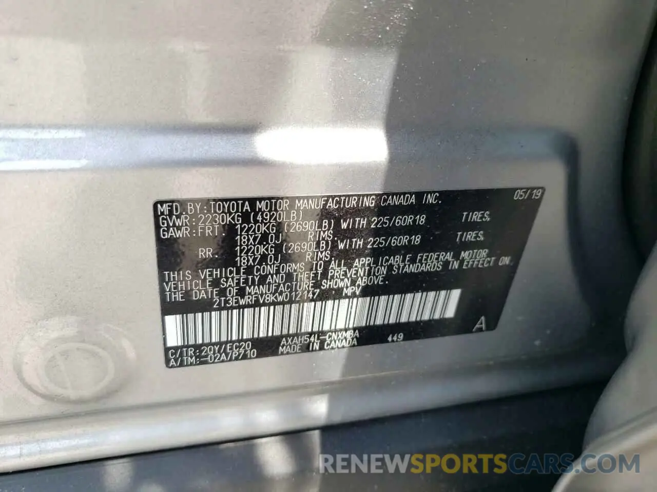 12 Фотография поврежденного автомобиля 2T3EWRFV8KW012147 TOYOTA RAV4 2019