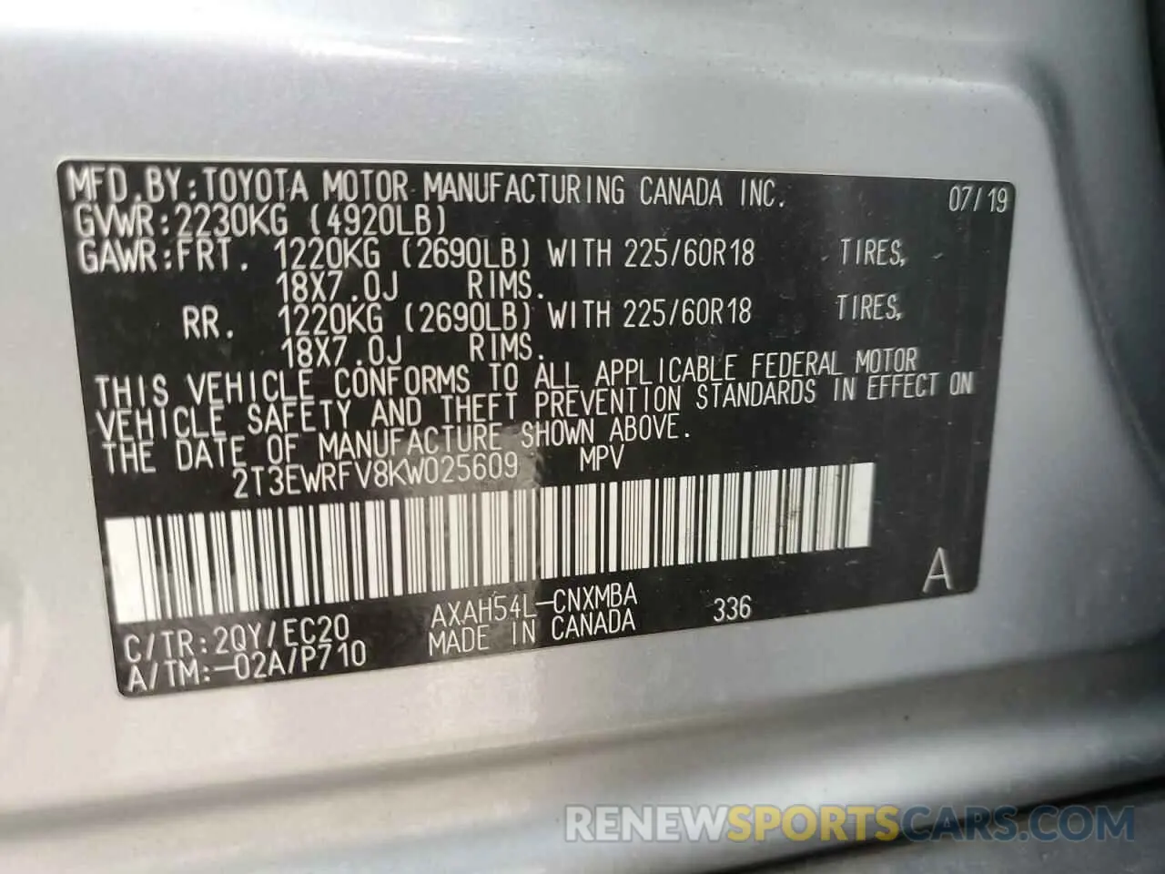 13 Photograph of a damaged car 2T3EWRFV8KW025609 TOYOTA RAV4 2019