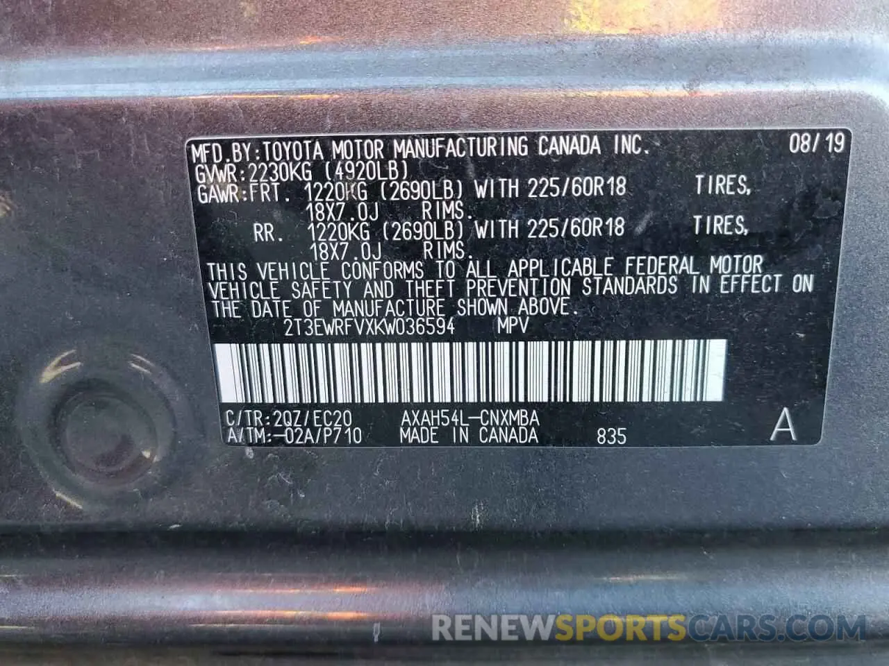 14 Фотография поврежденного автомобиля 2T3EWRFVXKW036594 TOYOTA RAV4 2019