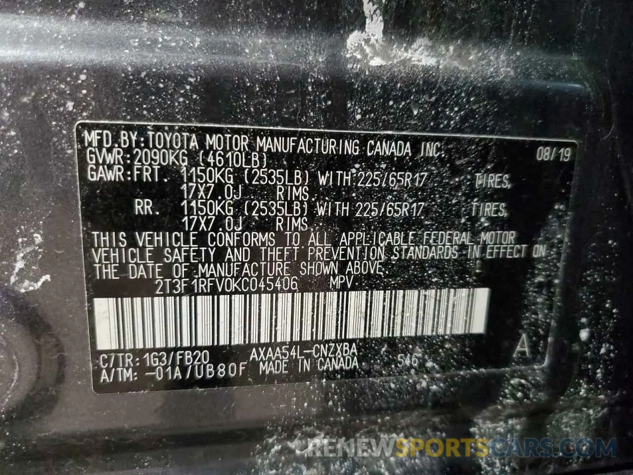 13 Photograph of a damaged car 2T3F1RFV0KC045406 TOYOTA RAV4 2019