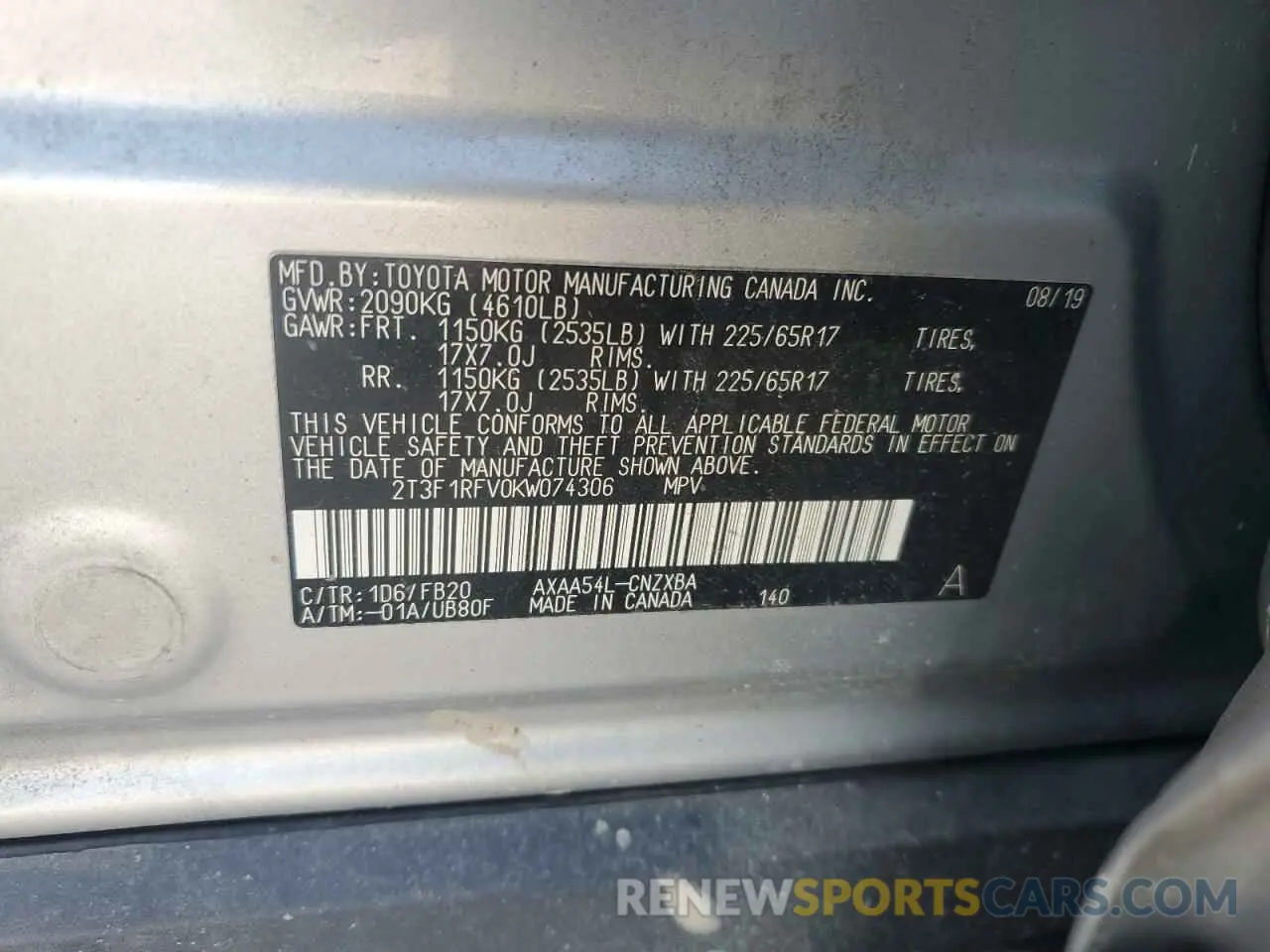 13 Фотография поврежденного автомобиля 2T3F1RFV0KW074306 TOYOTA RAV4 2019