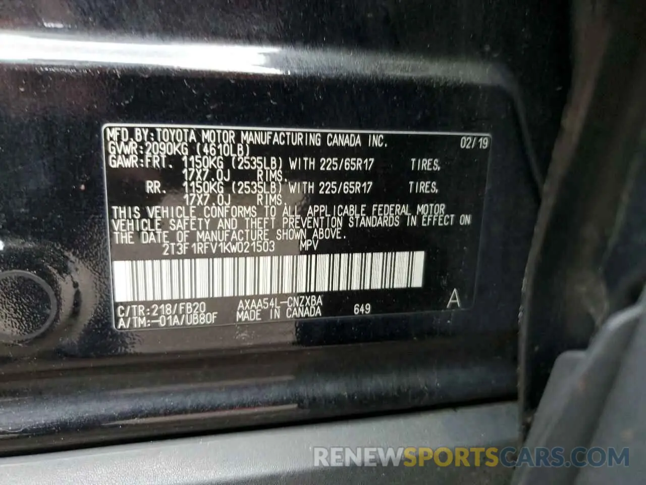 13 Photograph of a damaged car 2T3F1RFV1KW021503 TOYOTA RAV4 2019