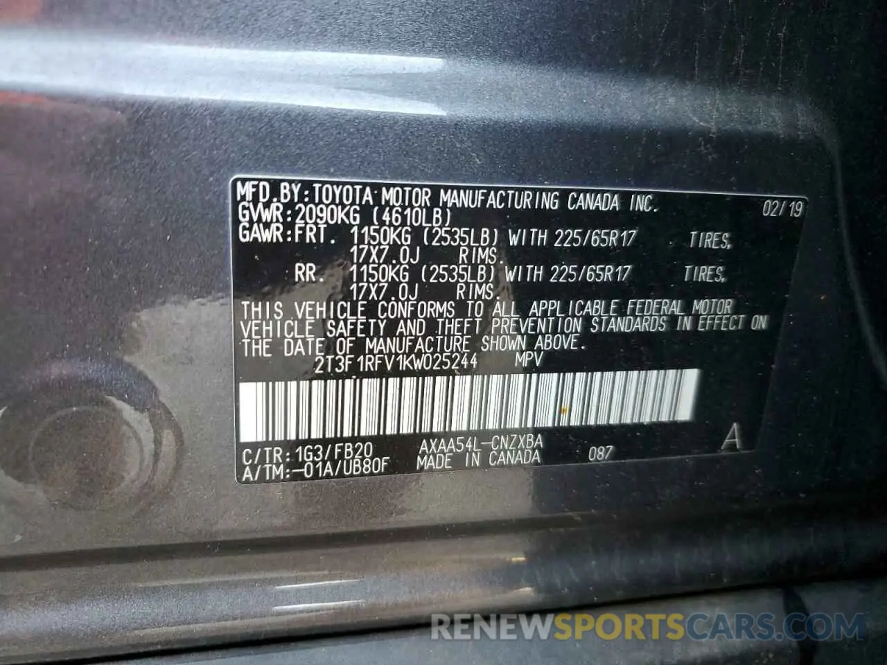 13 Photograph of a damaged car 2T3F1RFV1KW025244 TOYOTA RAV4 2019