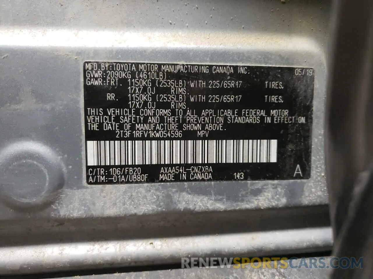 10 Фотография поврежденного автомобиля 2T3F1RFV1KW054596 TOYOTA RAV4 2019