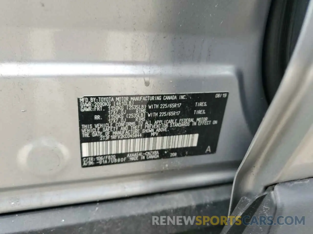 13 Photograph of a damaged car 2T3F1RFV2KC045844 TOYOTA RAV4 2019